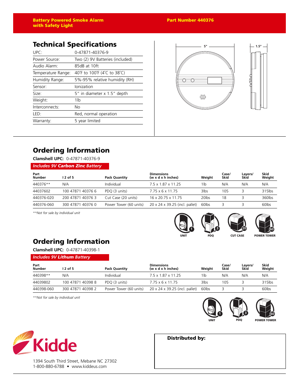 Technical specifications, Ordering information | Kidde 918 User Manual | Page 2 / 2