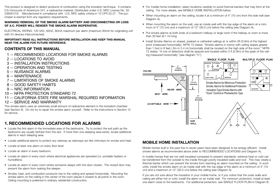 Recommended locations for alarms, Mobile home installation | Kidde Smoke and Fire Alarm 1275H User Manual | Page 2 / 7