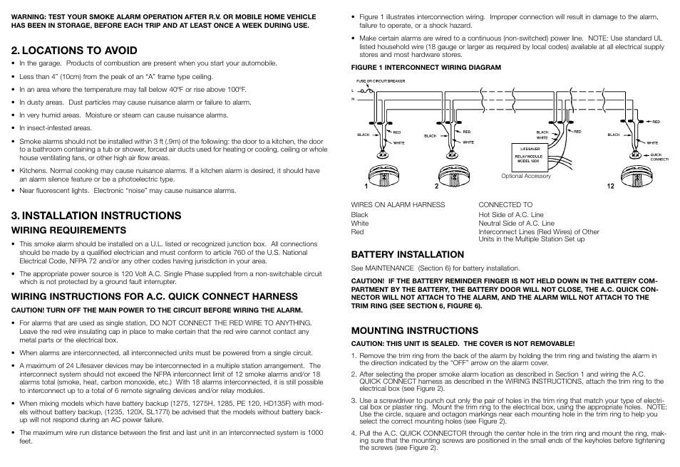 Locations to avoid, Installation instructions, Battery installation | Mounting instructions, Wiring requirements, Wiring instructions for a.c. quick connect harness | Kidde Smoke and Fire Alarm 1275H User Manual | Page 3 / 7