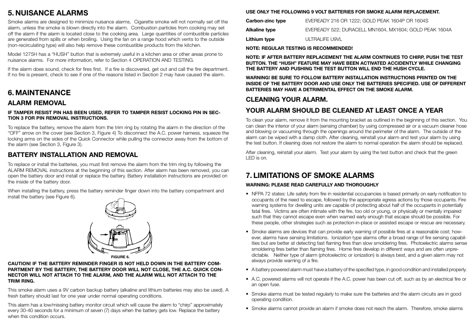 Limitations of smoke alarms, Nuisance alarms, Maintenance | Kidde Smoke and Fire Alarm 1275H User Manual | Page 5 / 7