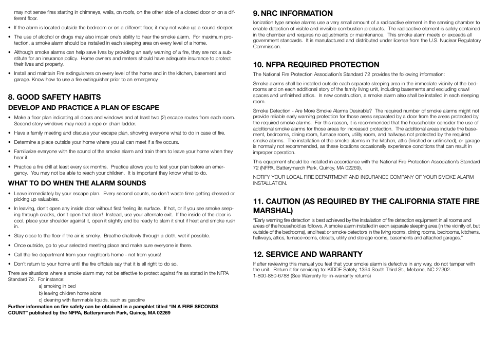 Nrc information, Nfpa required protection, Service and warranty | Good safety habits | Kidde Smoke and Fire Alarm 1275H User Manual | Page 6 / 7