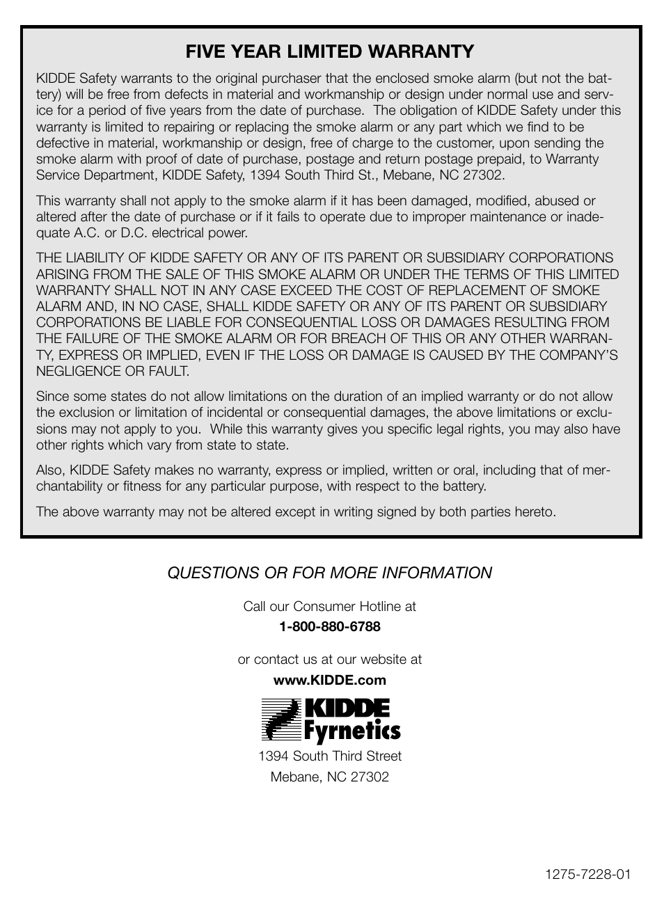 Fyrnetics | Kidde Smoke and Fire Alarm 1275H User Manual | Page 7 / 7