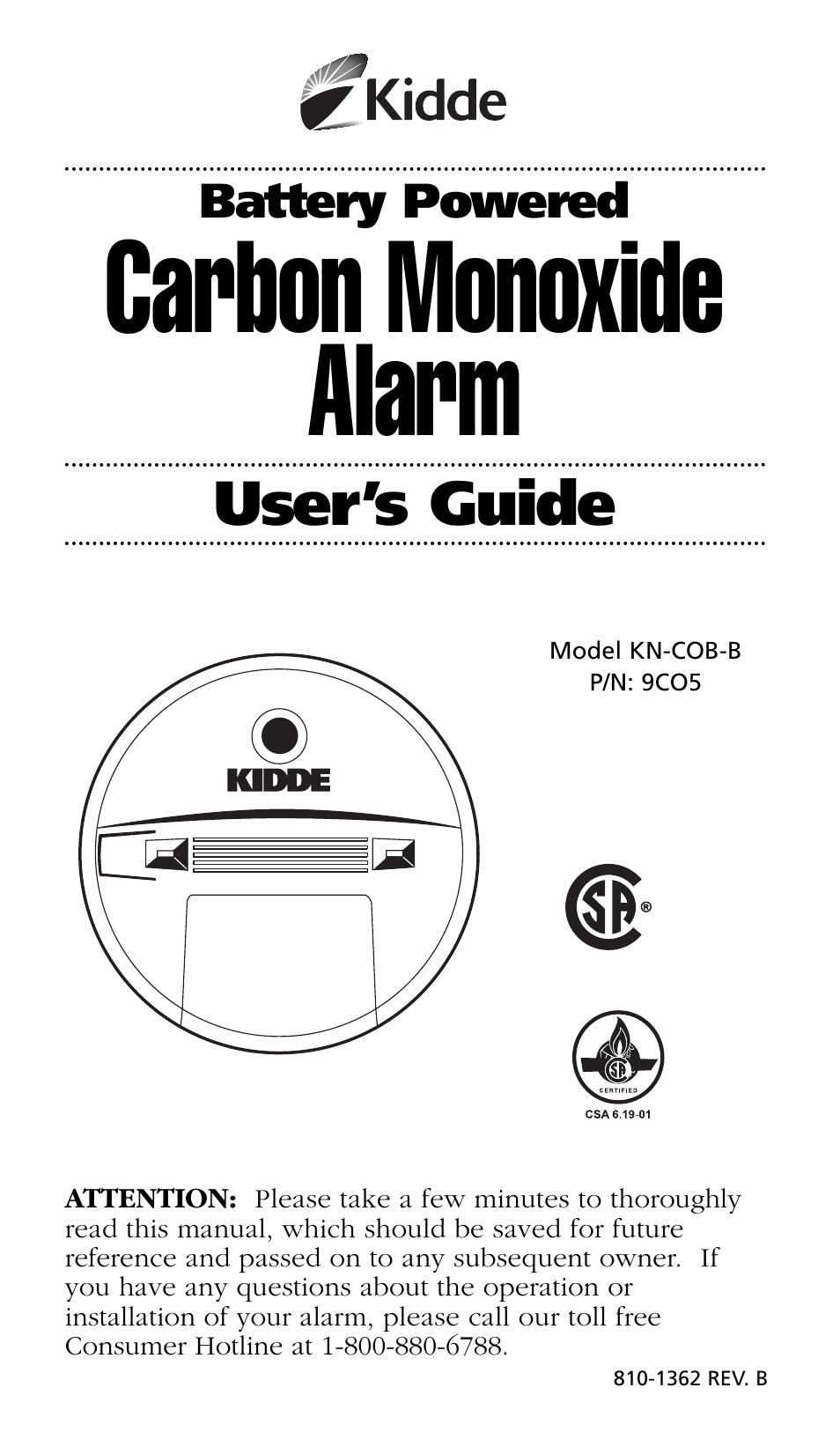 Kidde Carbon Monoxide Alarm KN-OOB-B User Manual | 10 pages