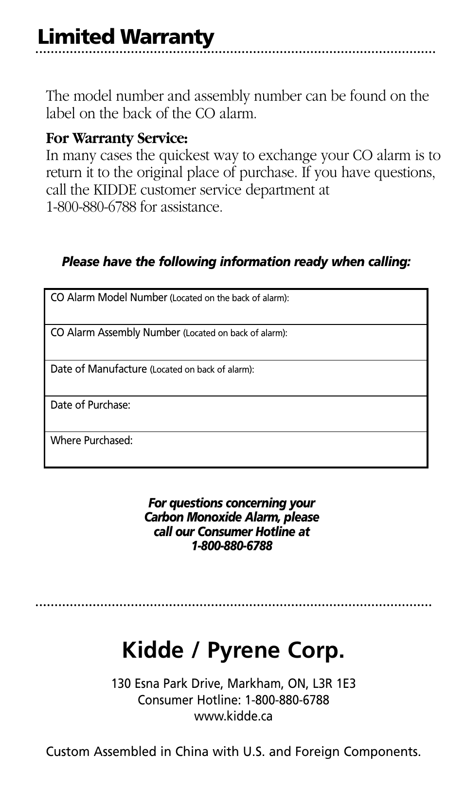 Kidde / pyrene corp, Limited warranty | Kidde Carbon Monoxide Alarm KN-OOB-B User Manual | Page 10 / 10