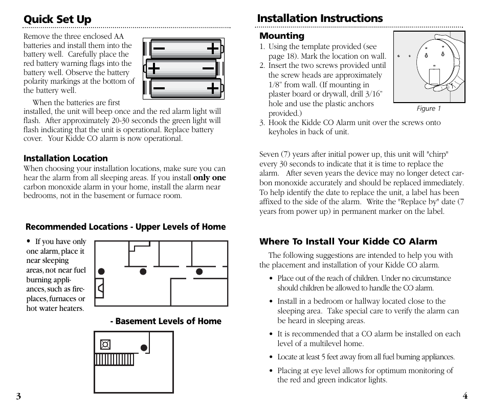 Quick set up, Installation instructions | Kidde Carbon Monoxide Alarm KN-OOB-B User Manual | Page 3 / 10