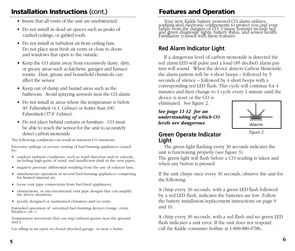 Red alarm indicator light, Green operate indicator light | Kidde Carbon Monoxide Alarm KN-OOB-B User Manual | Page 4 / 10