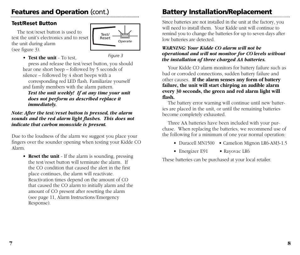 Battery installation/replacement, Features and operation (cont.) | Kidde Carbon Monoxide Alarm KN-OOB-B User Manual | Page 5 / 10