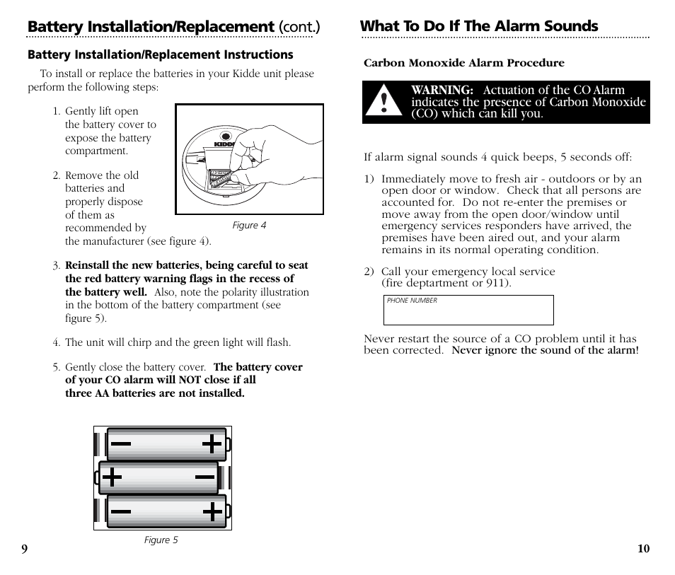 Battery installation/replacement, What to do if the alarm sounds, Cont.) | Battery installation/replacement instructions | Kidde Carbon Monoxide Alarm KN-OOB-B User Manual | Page 6 / 10
