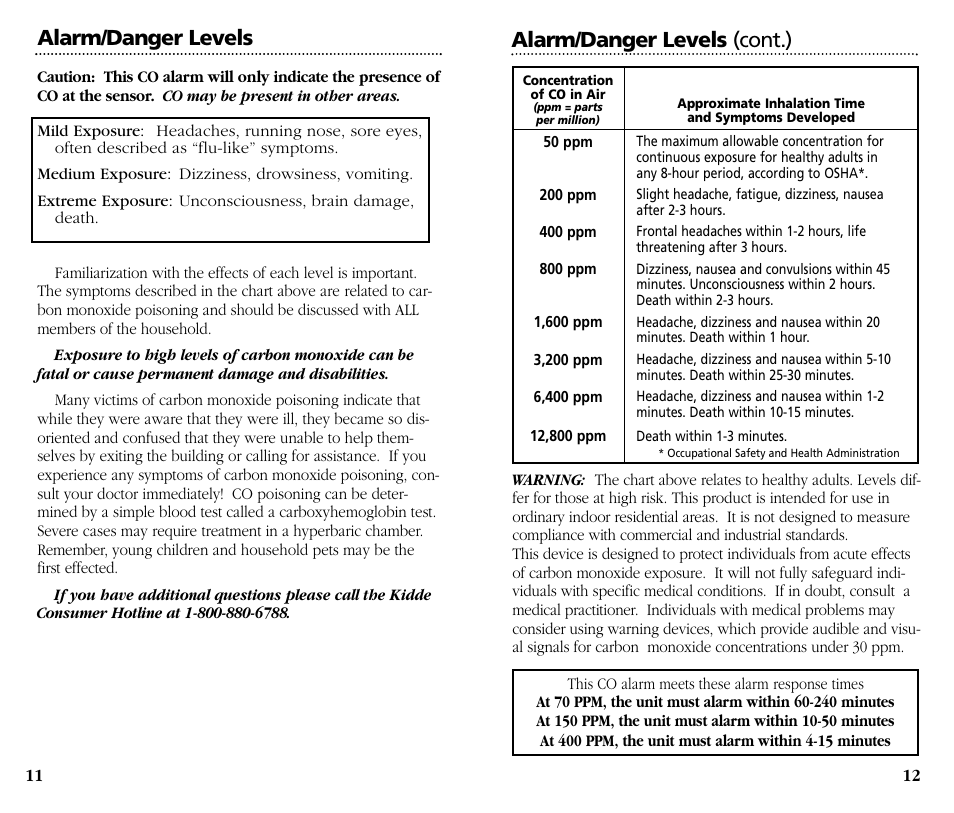 Alarm/danger levels alarm/danger levels (cont.) | Kidde Carbon Monoxide Alarm KN-OOB-B User Manual | Page 7 / 10