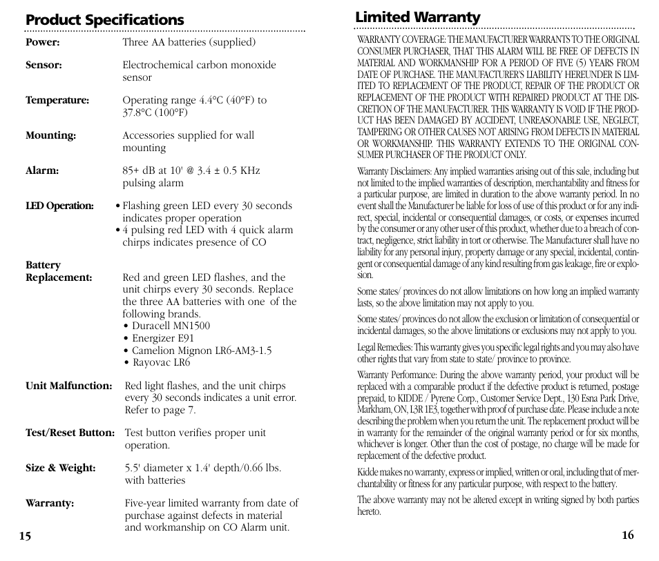 Product specifications, Limited warranty | Kidde Carbon Monoxide Alarm KN-OOB-B User Manual | Page 9 / 10