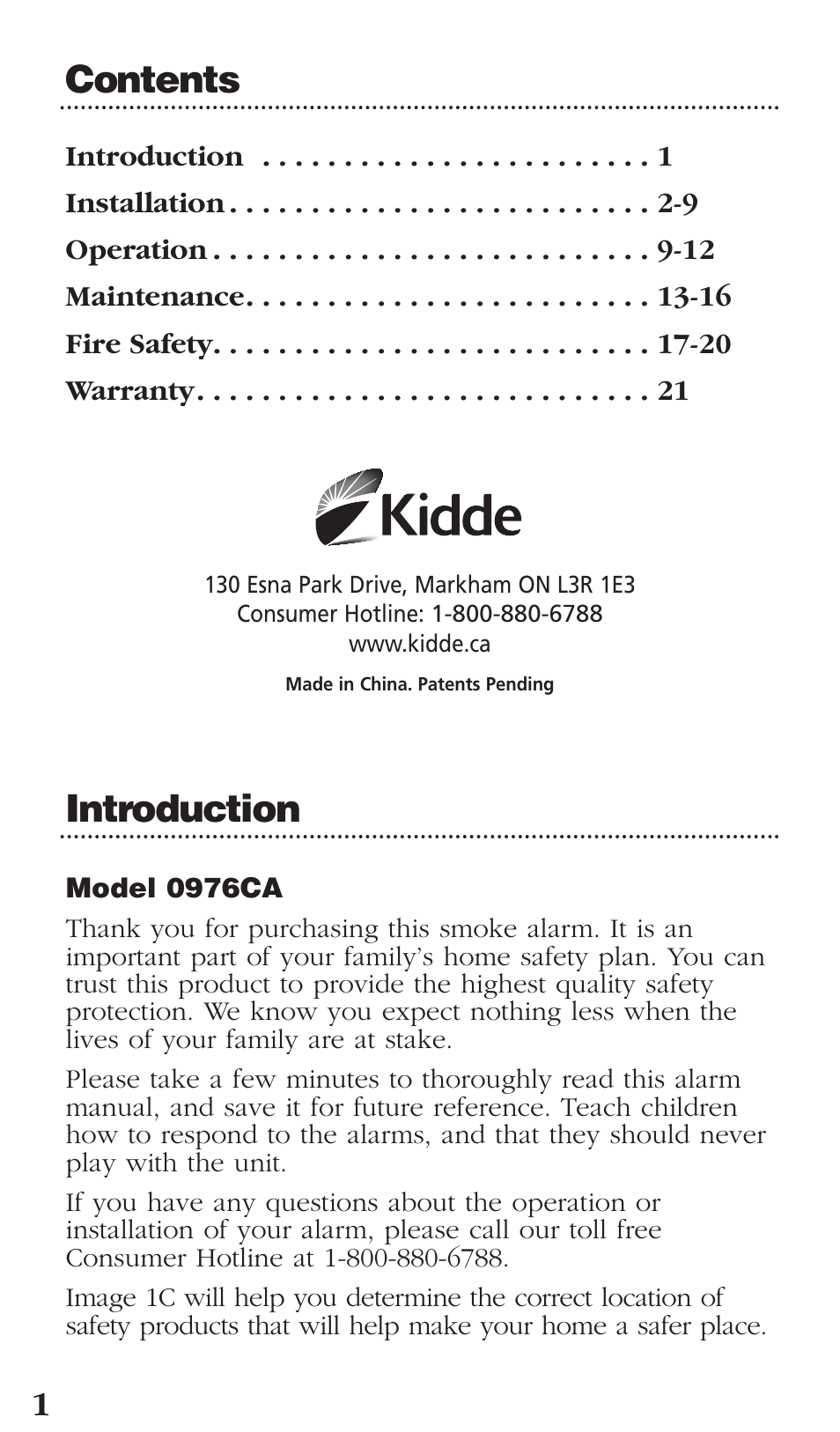 Contents introduction | Kidde 0976CA User Manual | Page 2 / 22