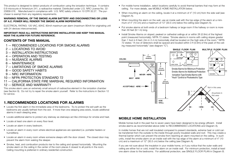 Recommended locations for alarms, Mobile home installation | Kidde 1276 User Manual | Page 2 / 7