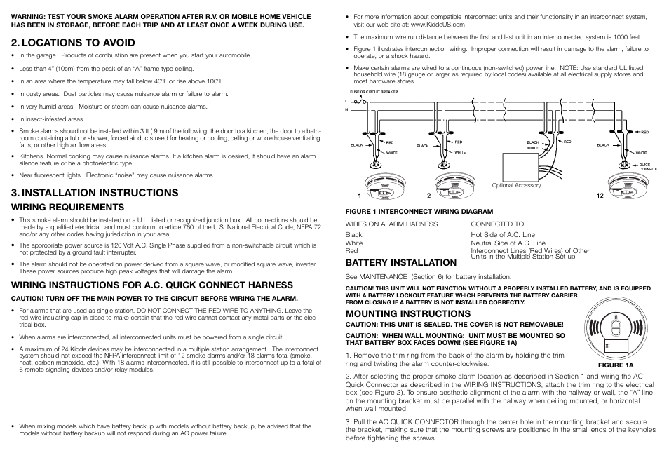 Locations to avoid, Installation instructions, Wiring requirements | Wiring instructions for a.c. quick connect harness, Battery installation, Mounting instructions | Kidde 1276 User Manual | Page 3 / 7