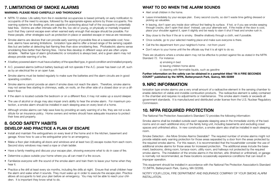 Limitations of smoke alarms, Good safety habits, Nrc information | Nfpa required protection, Develop and practice a plan of escape, What to do when the alarm sounds | Kidde 1276 User Manual | Page 6 / 7