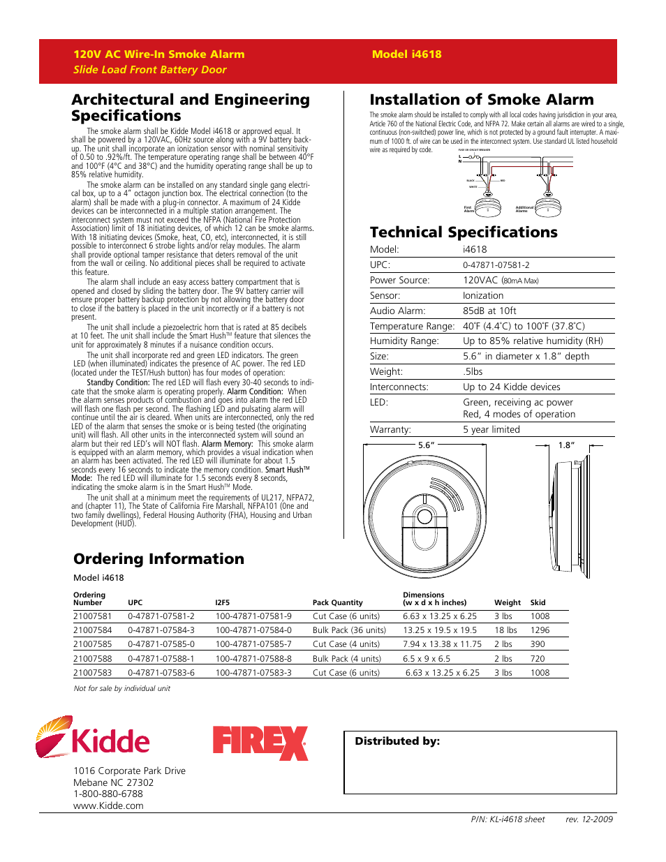 Architectural and engineering specifications, Ordering information, Technical specifications | Installation of smoke alarm | Kidde I4618 User Manual | Page 2 / 2