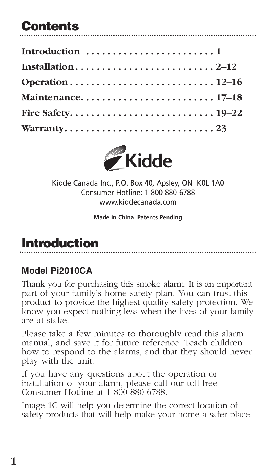 Contents introduction | Kidde PI2000CA User Manual | Page 2 / 24