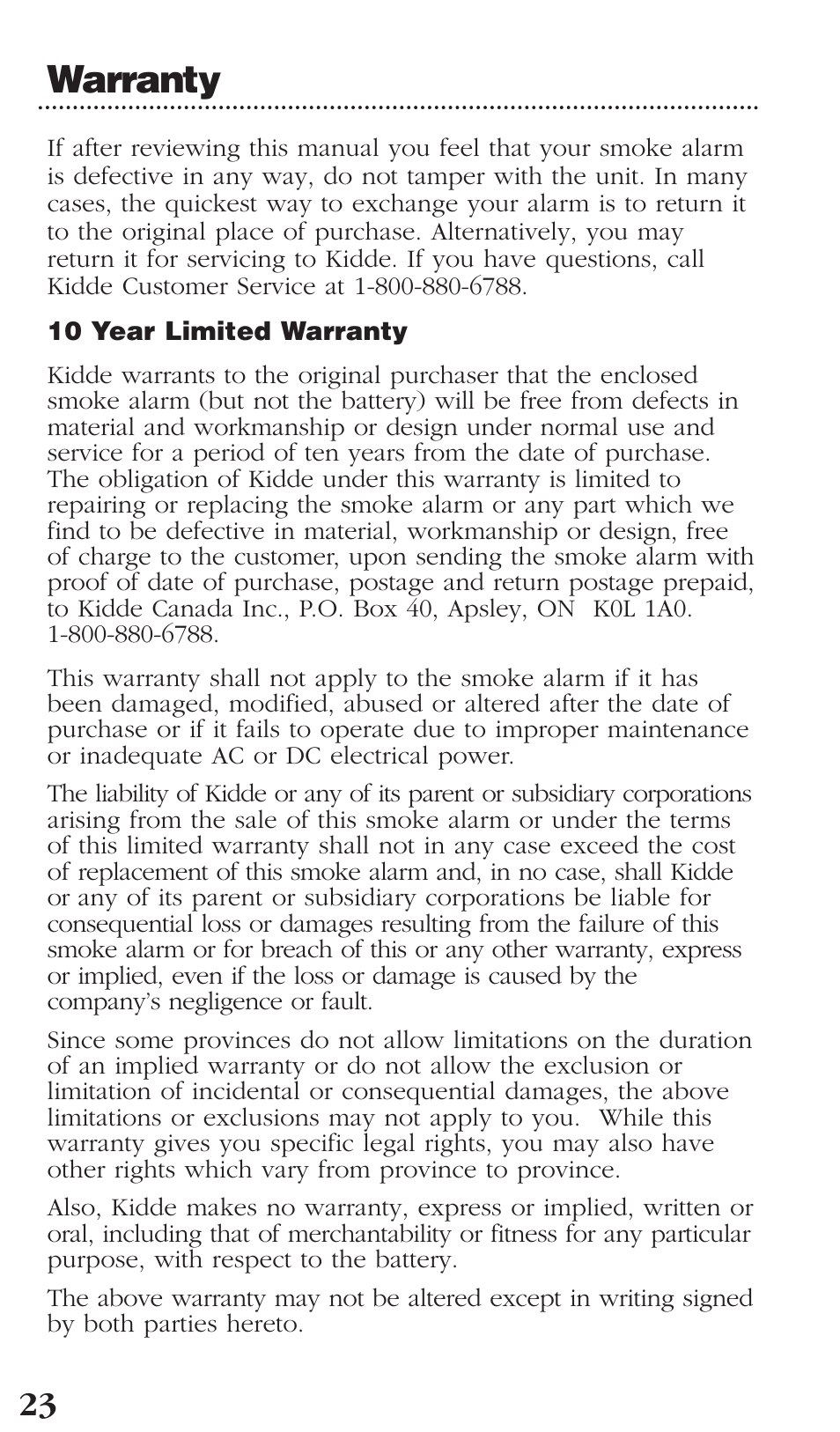 Warranty | Kidde PI2000CA User Manual | Page 24 / 24