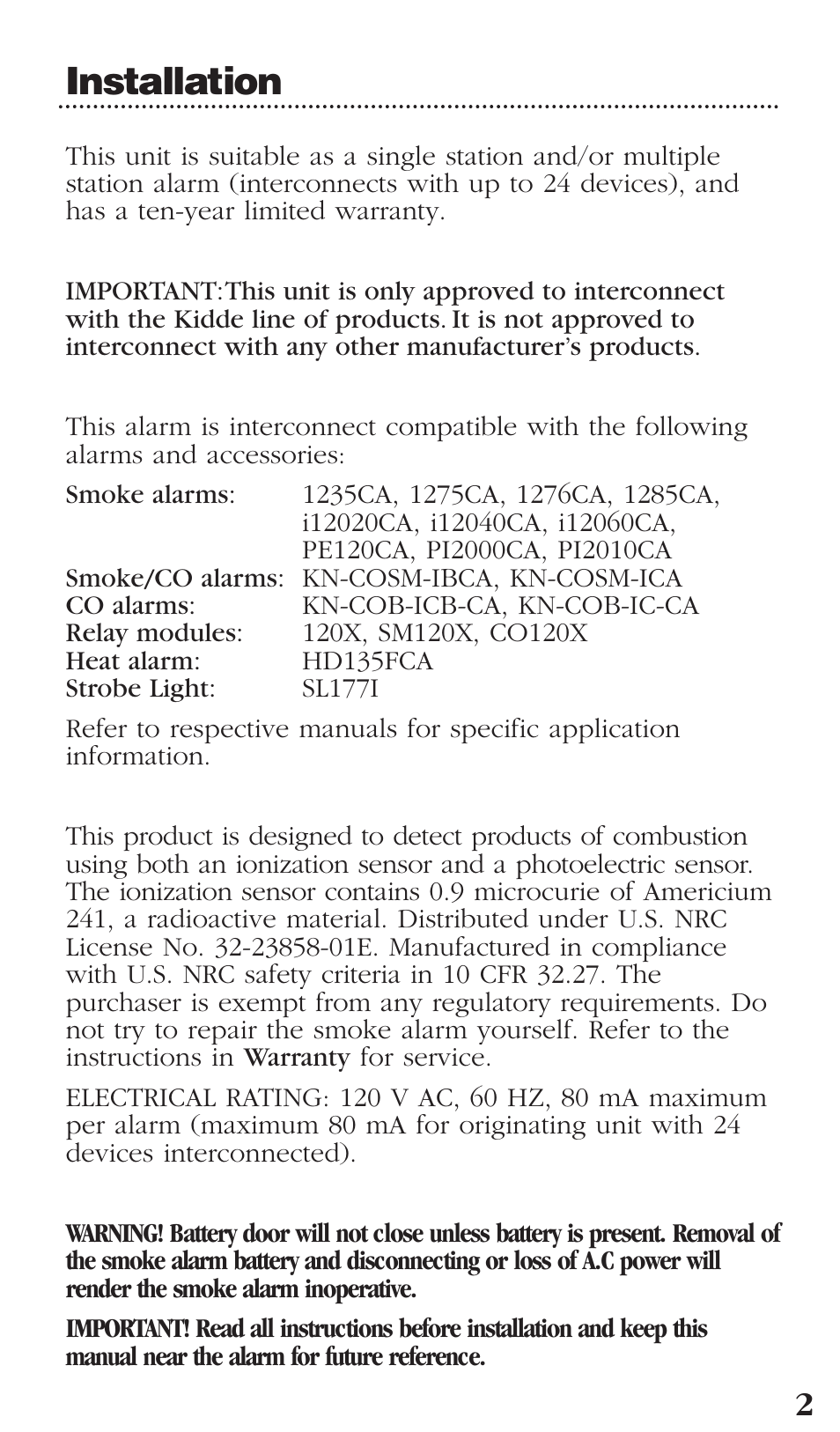 Installation | Kidde PI2000CA User Manual | Page 3 / 24
