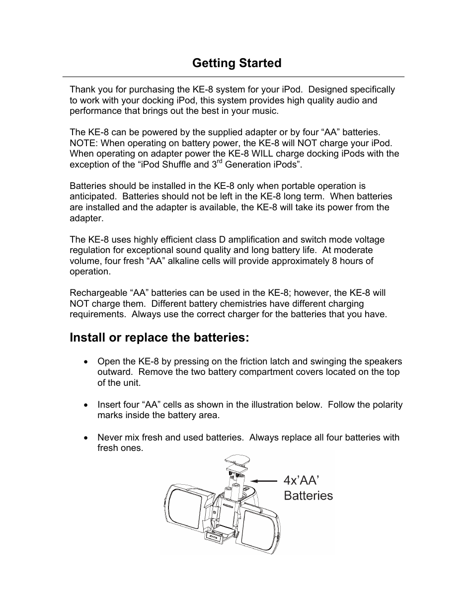 Getting started, Install or replace the batteries | KLH MUSICDOCK KE-8 User Manual | Page 3 / 8