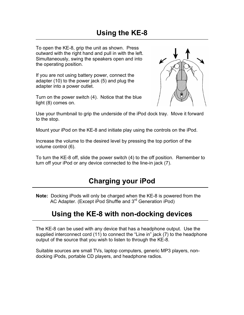 Using the ke-8 with non-docking devices, Using the ke-8, Charging your ipod | KLH MUSICDOCK KE-8 User Manual | Page 5 / 8