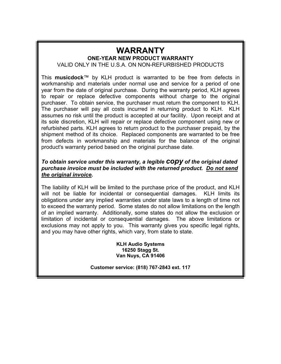 Warranty, Copy | KLH MUSICDOCK KE-8 User Manual | Page 8 / 8