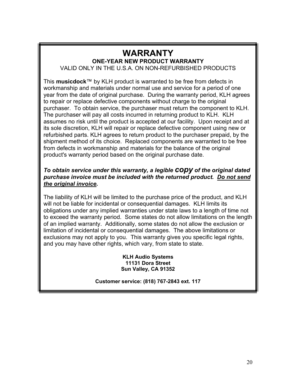 Warranty, Copy | KLH MUSICDOCK KS-600 User Manual | Page 20 / 20