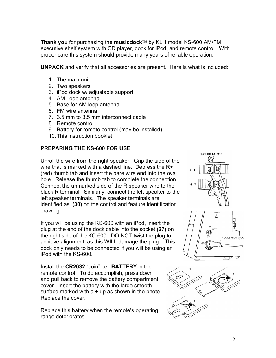 KLH MUSICDOCK KS-600 User Manual | Page 5 / 20