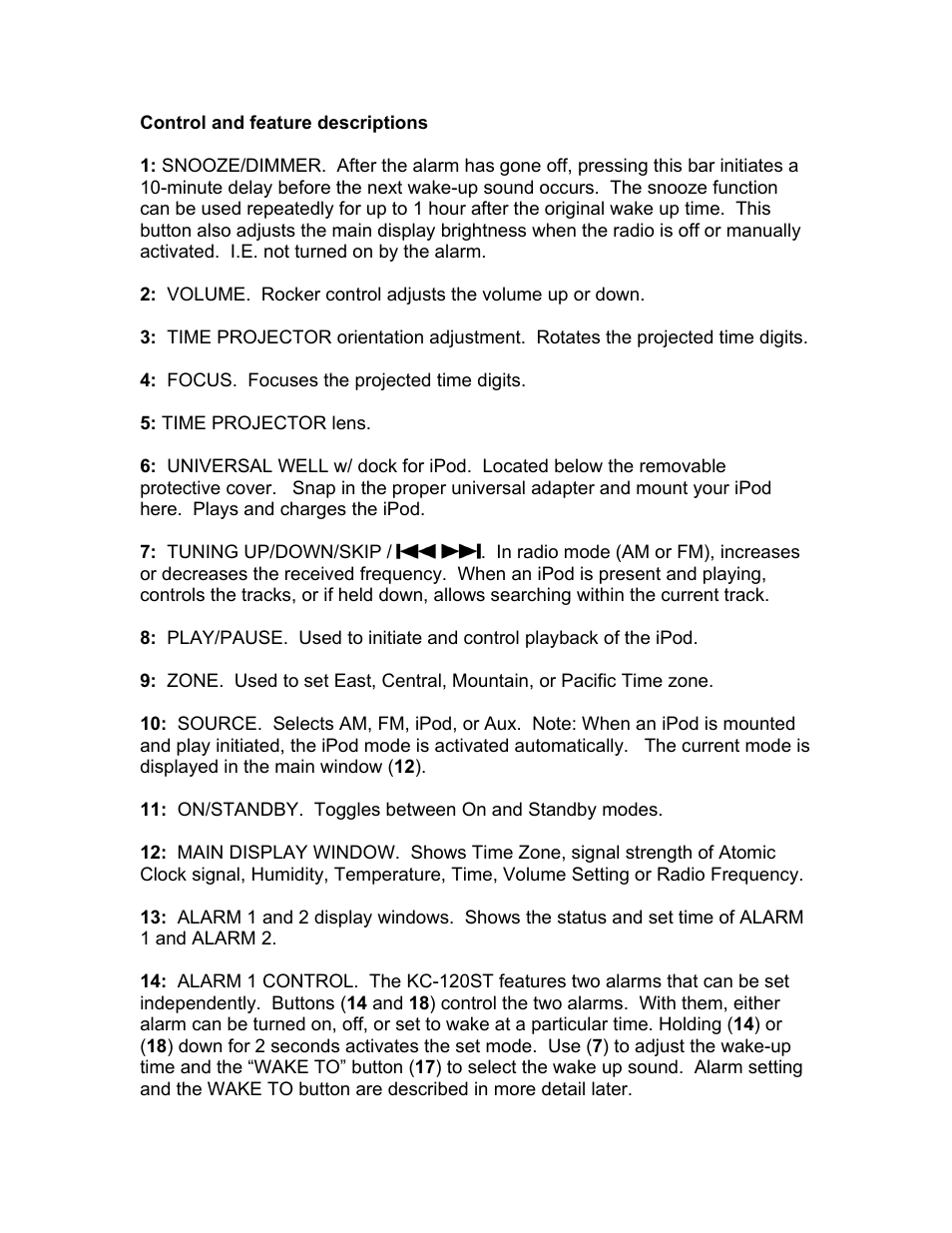 Control and feature descriptions | KLH HI-FIDELITY BEDSIDE CLOCK RADIO KC-120ST User Manual | Page 10 / 17