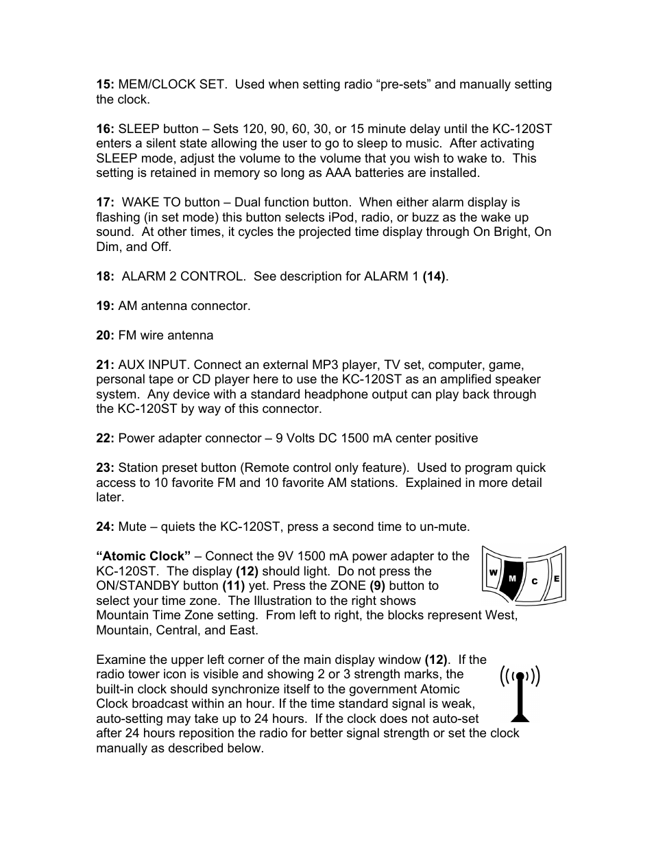 Atomic clock” – connect the 9v 1500 ma power ada | KLH HI-FIDELITY BEDSIDE CLOCK RADIO KC-120ST User Manual | Page 11 / 17