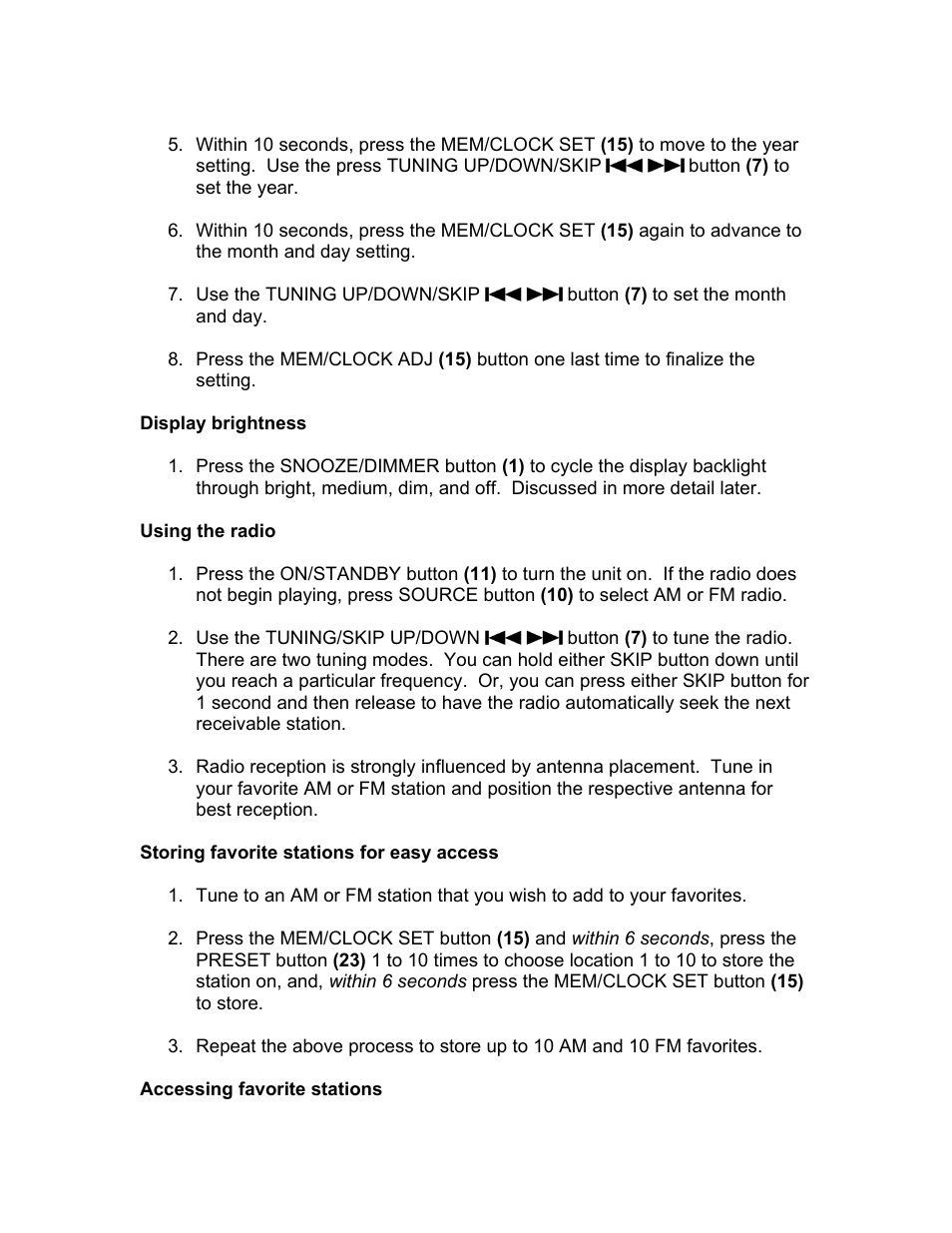 Display brightness, Using the radio, Storing favorite stations for easy access | KLH HI-FIDELITY BEDSIDE CLOCK RADIO KC-120ST User Manual | Page 13 / 17