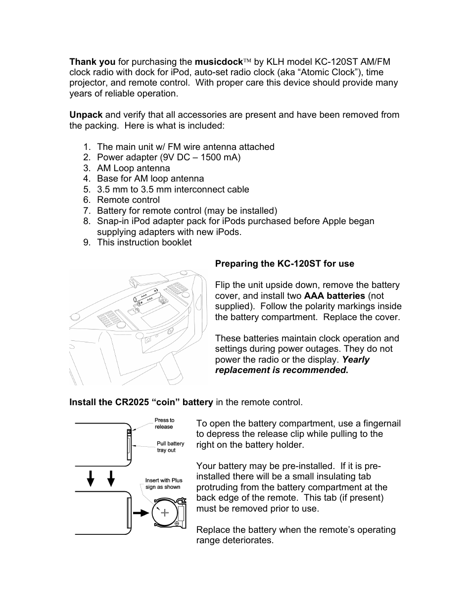 Preparing the kc-120st for use | KLH HI-FIDELITY BEDSIDE CLOCK RADIO KC-120ST User Manual | Page 7 / 17