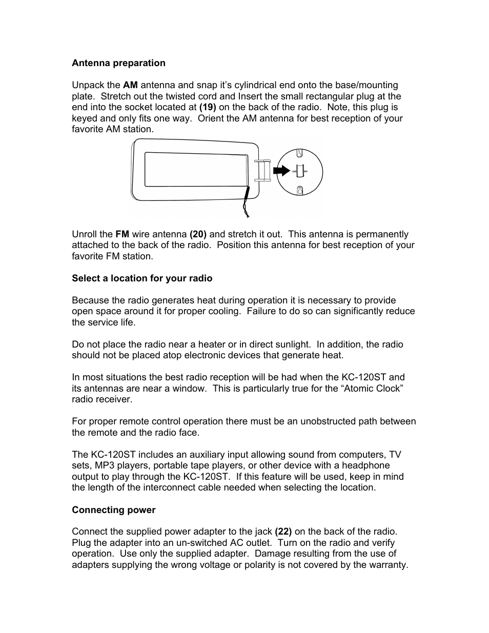 Antenna preparation, Select a location for your radio, Connecting power | KLH HI-FIDELITY BEDSIDE CLOCK RADIO KC-120ST User Manual | Page 8 / 17