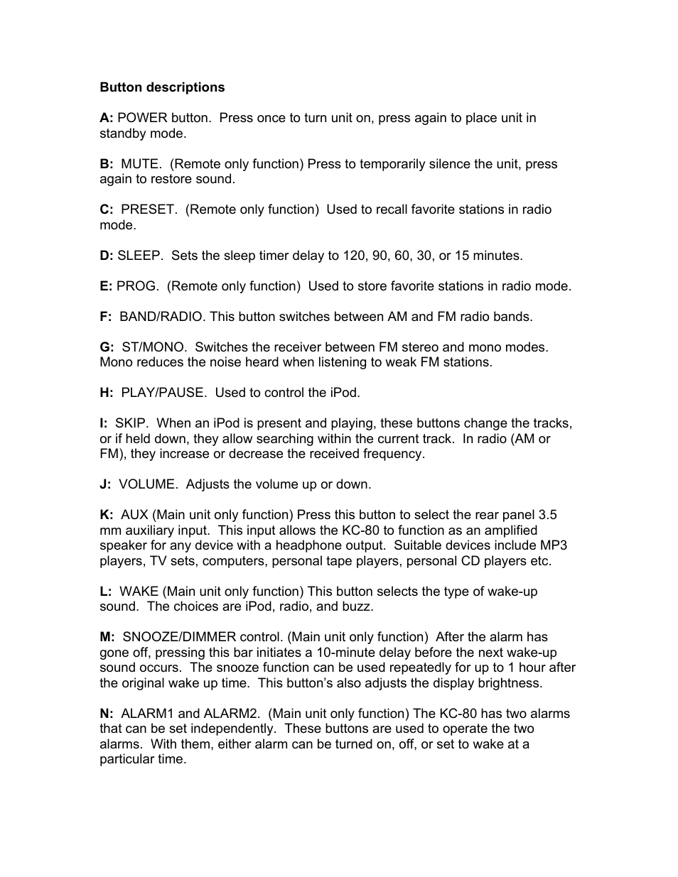 Button descriptions | KLH MUSICDOCK KC-80 User Manual | Page 10 / 16