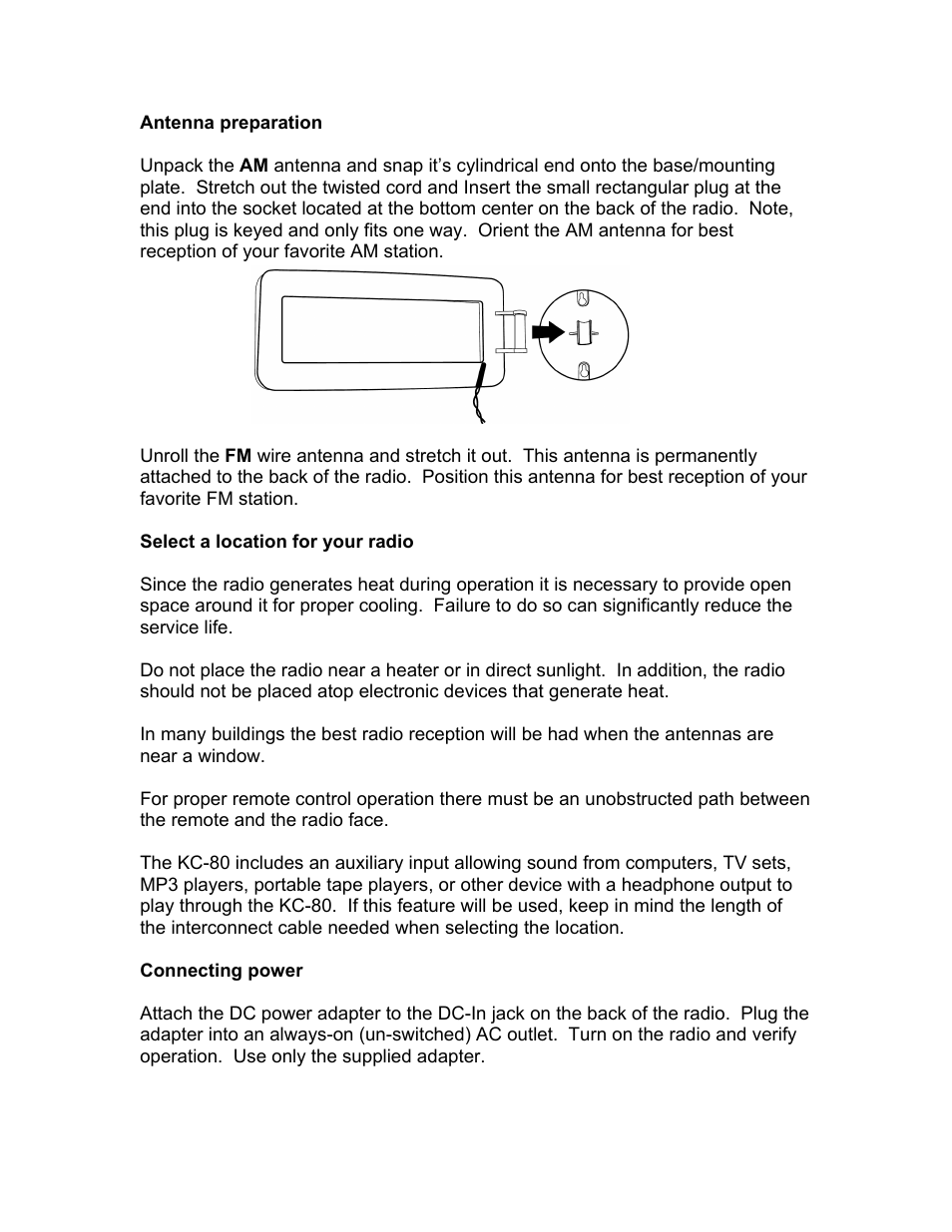 Antenna preparation, Select a location for your radio, Connecting power | KLH MUSICDOCK KC-80 User Manual | Page 8 / 16