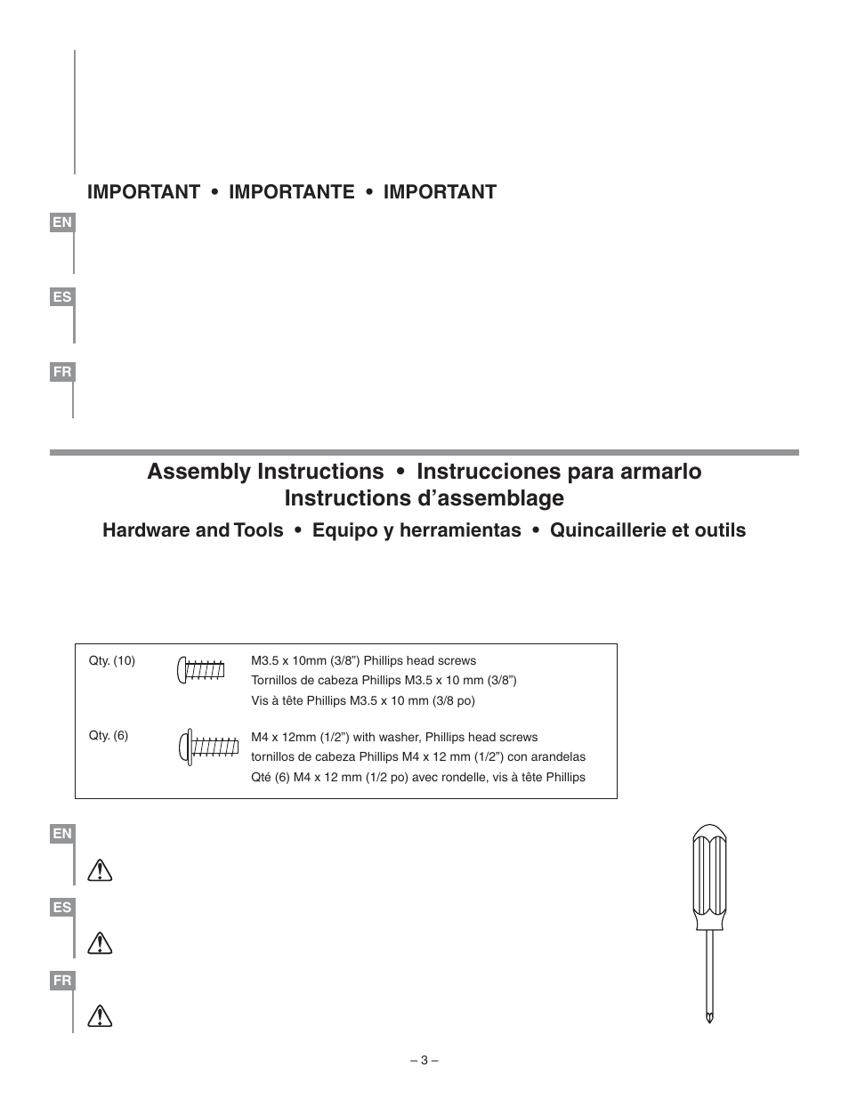 Important • importante • important | Kids II Bright Starts 6810-NU User Manual | Page 3 / 20