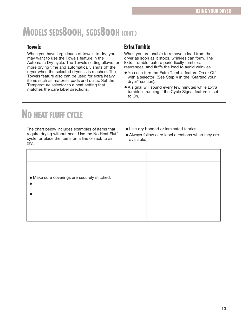 No heat fluff cycle, O heat fluff cycle, Odels seds | Sgds | Kirkland Signature 3406079 User Manual | Page 13 / 22