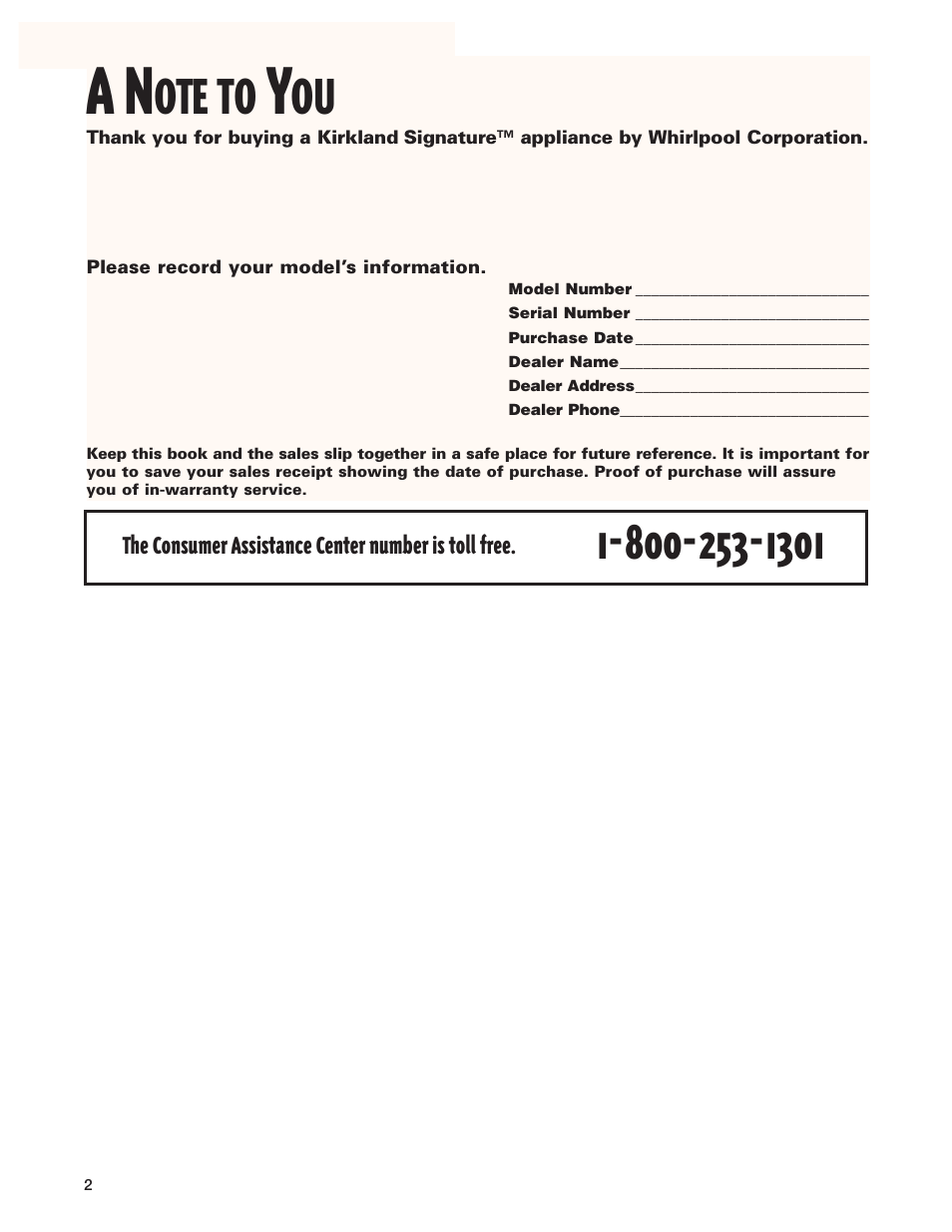 A note to you, Ote to | Kirkland Signature 3406079 User Manual | Page 2 / 22