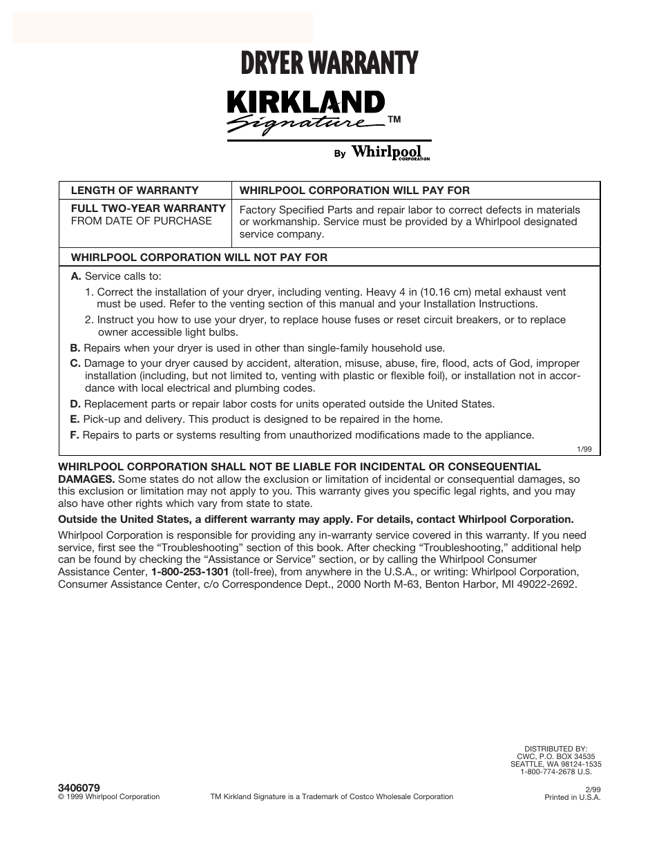 Warranty, Dryer warranty | Kirkland Signature 3406079 User Manual | Page 22 / 22