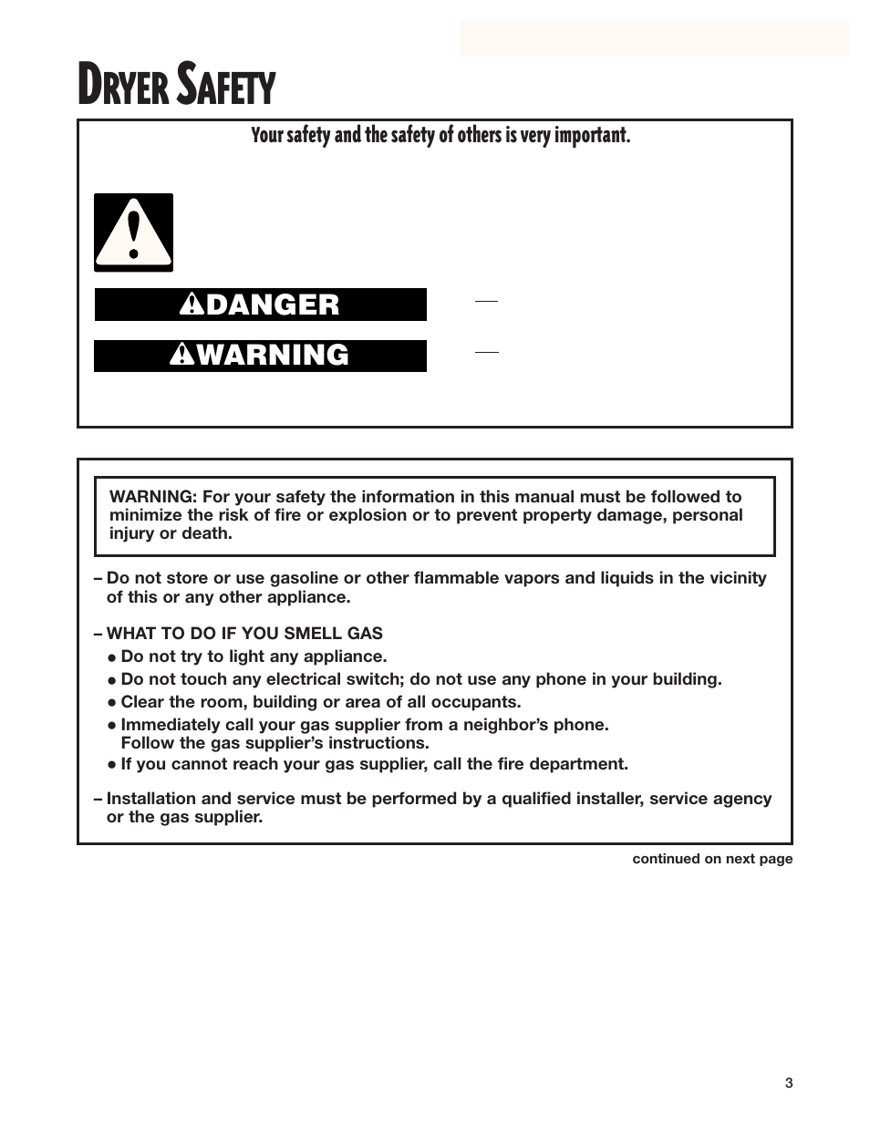 Dryer safety, Ryer, Afety | Wdanger w warning | Kirkland Signature 3406079 User Manual | Page 3 / 22