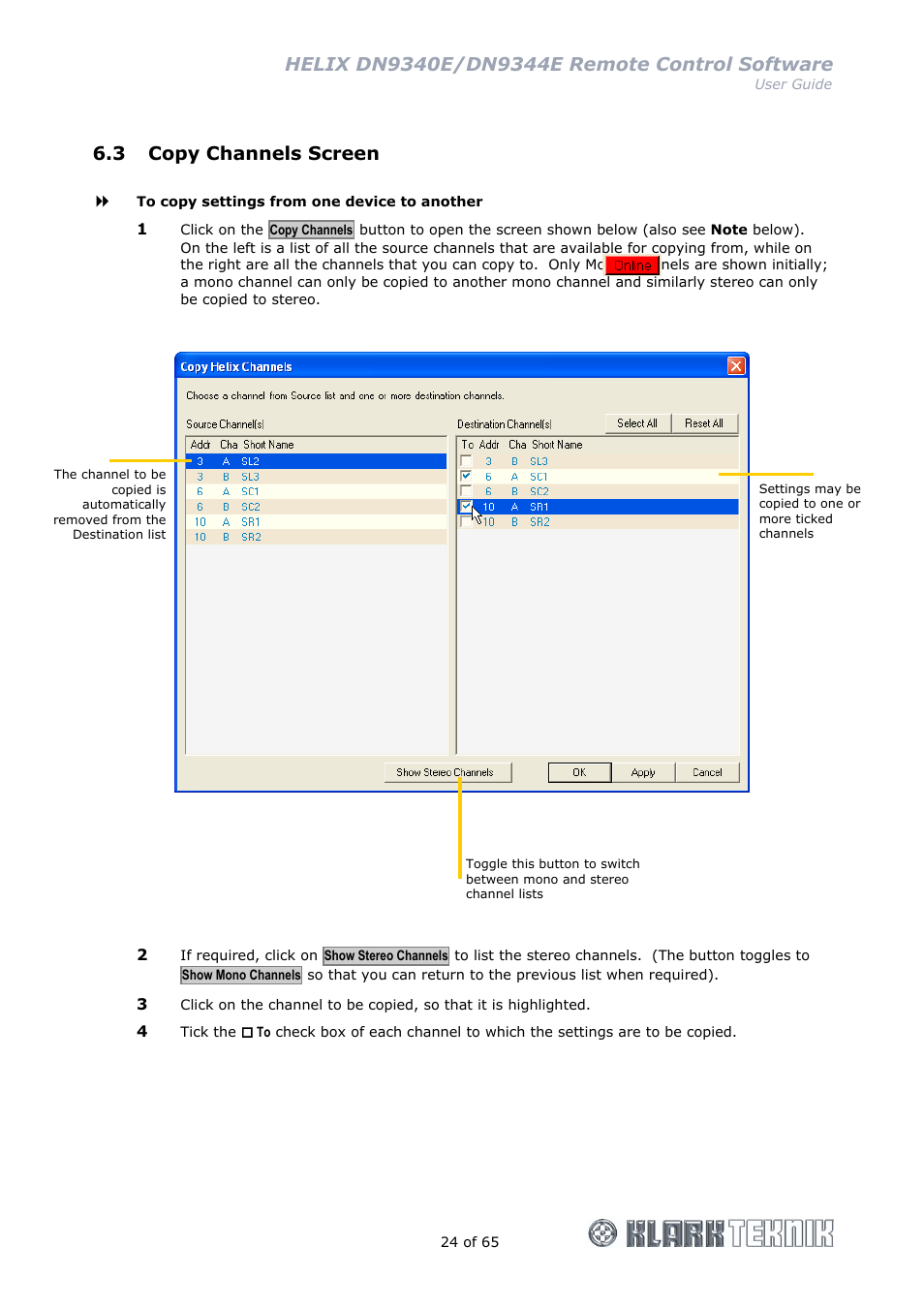 3 copy channels screen | Klark Teknik DN9344E User Manual | Page 24 / 65