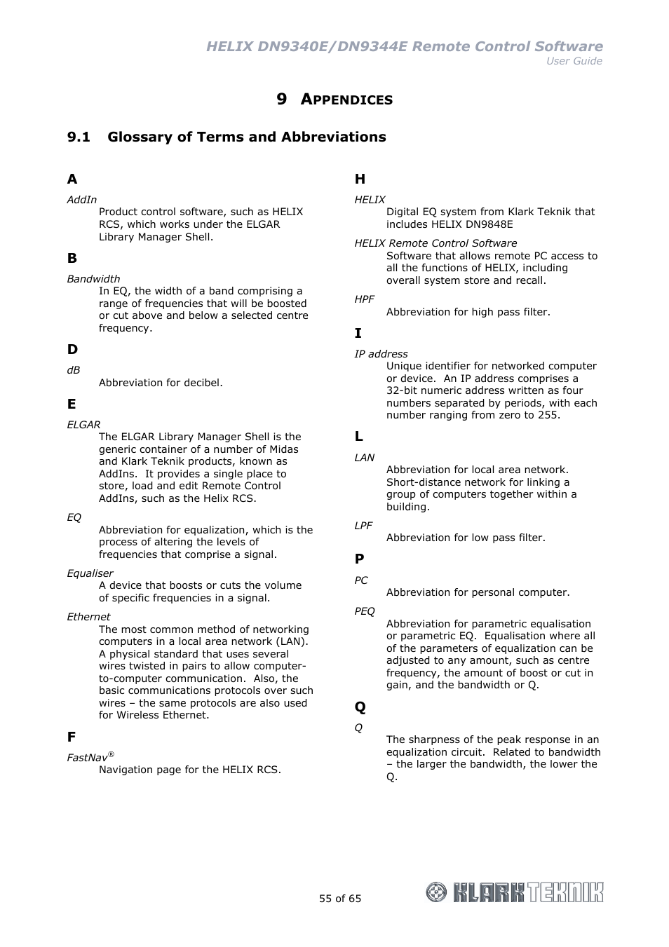1 glossary of terms and abbreviations | Klark Teknik DN9344E User Manual | Page 55 / 65