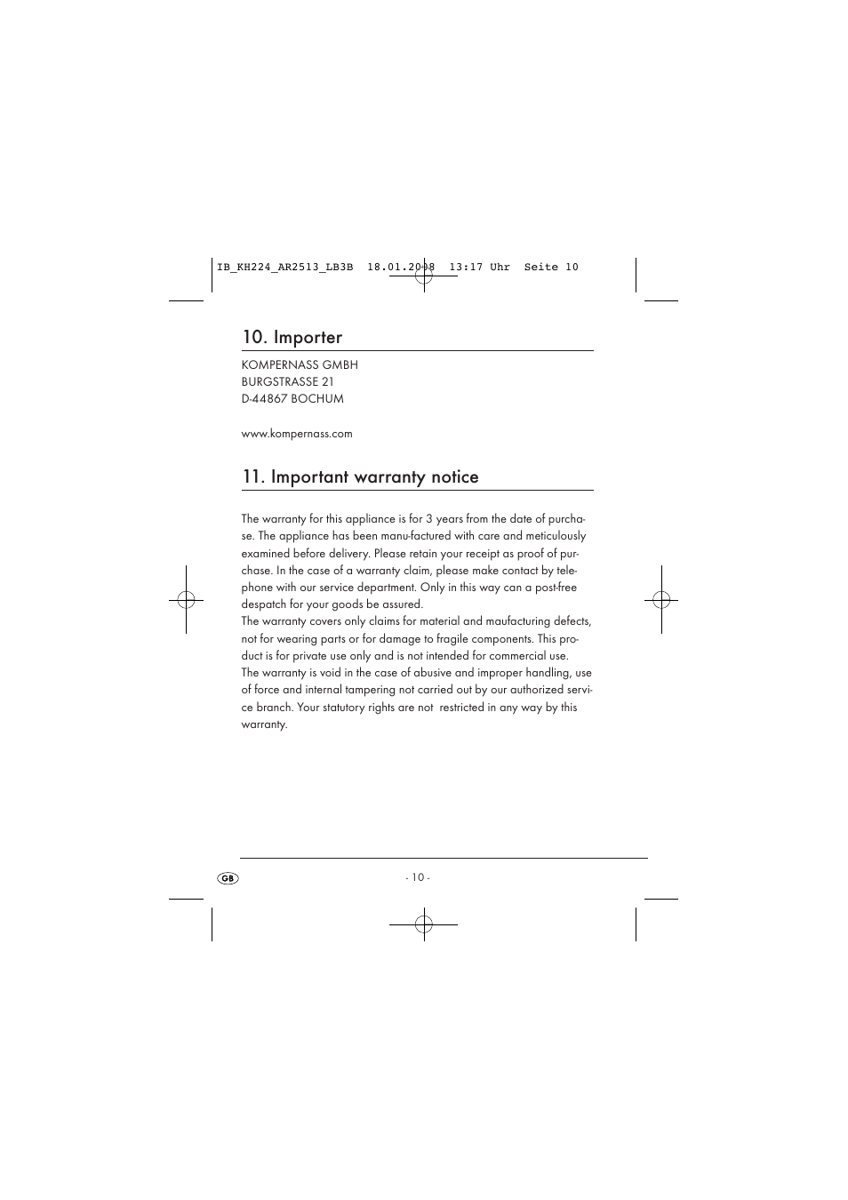Importer, Important warranty notice | Kompernass KH 224 User Manual | Page 14 / 27