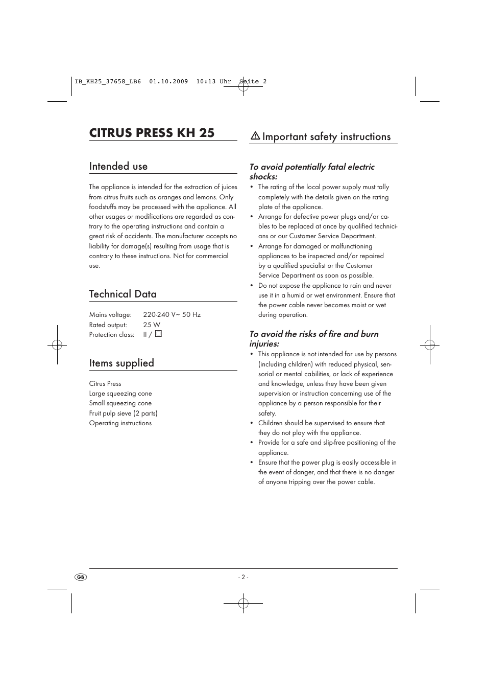 Citrus press kh 25, Intended use, Technical data | Items supplied, Important safety instructions | Kompernass KH25-08/09-V3 User Manual | Page 4 / 8