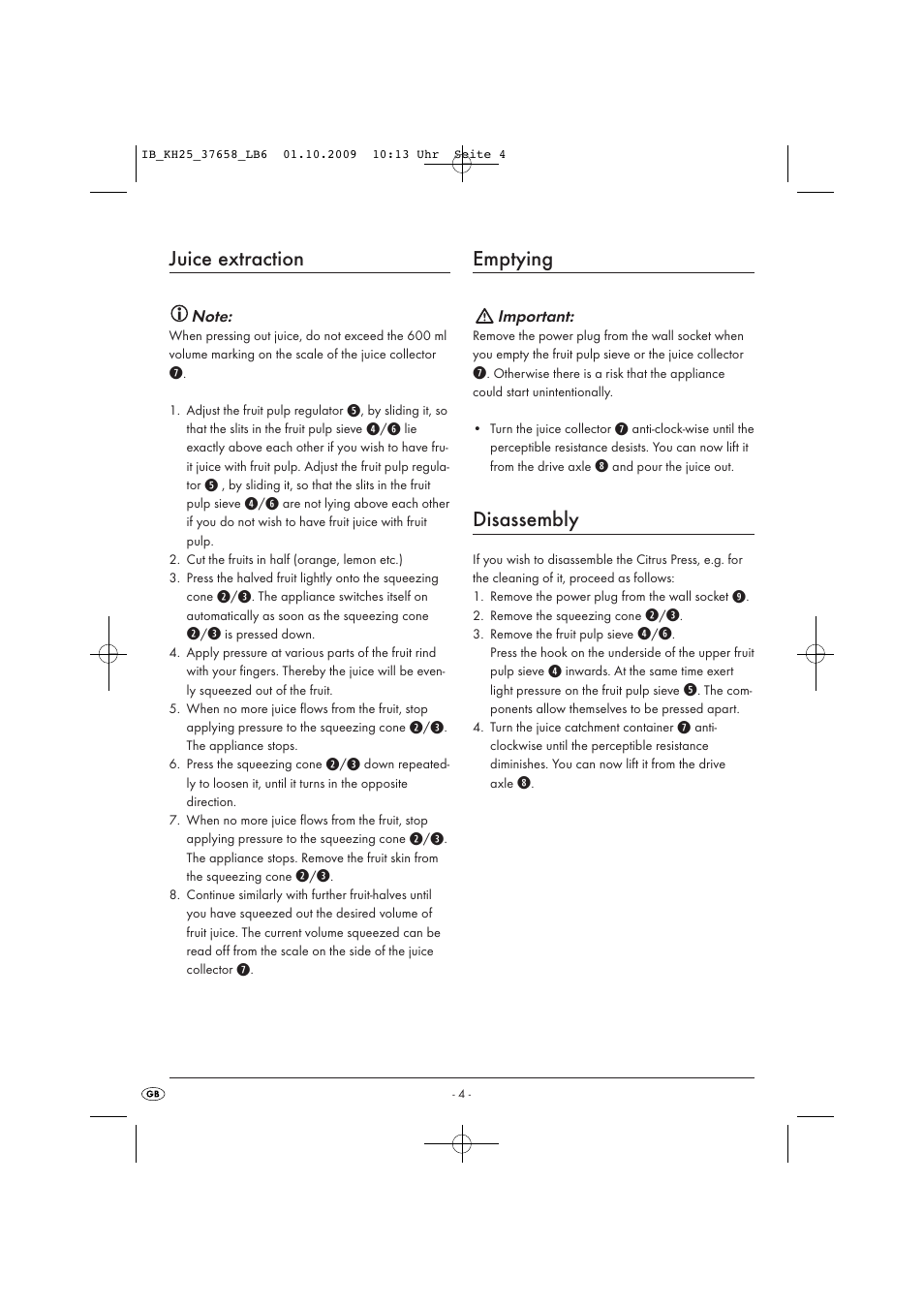 Juice extraction, Emptying, Disassembly | Kompernass KH25-08/09-V3 User Manual | Page 6 / 8