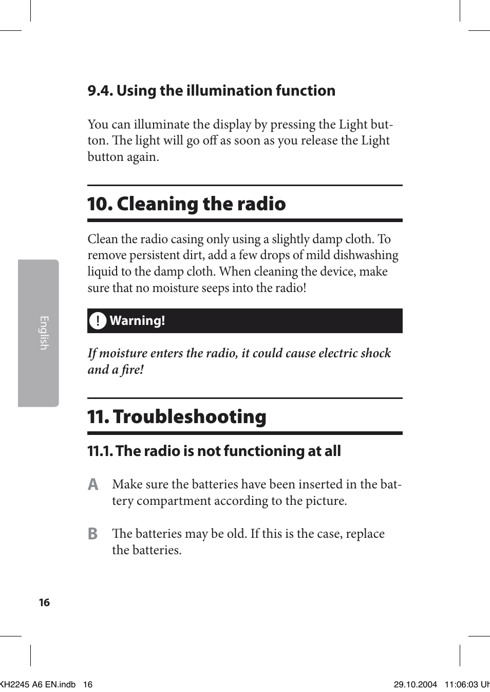 Cleaning the radio, Troubleshooting | Kompernass Bench KH 2245 User Manual | Page 16 / 20