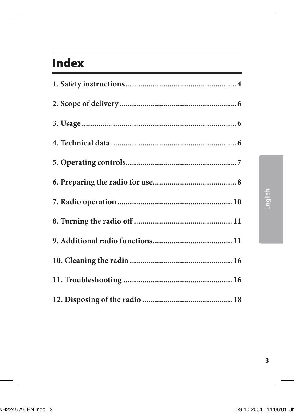 Index | Kompernass Bench KH 2245 User Manual | Page 3 / 20