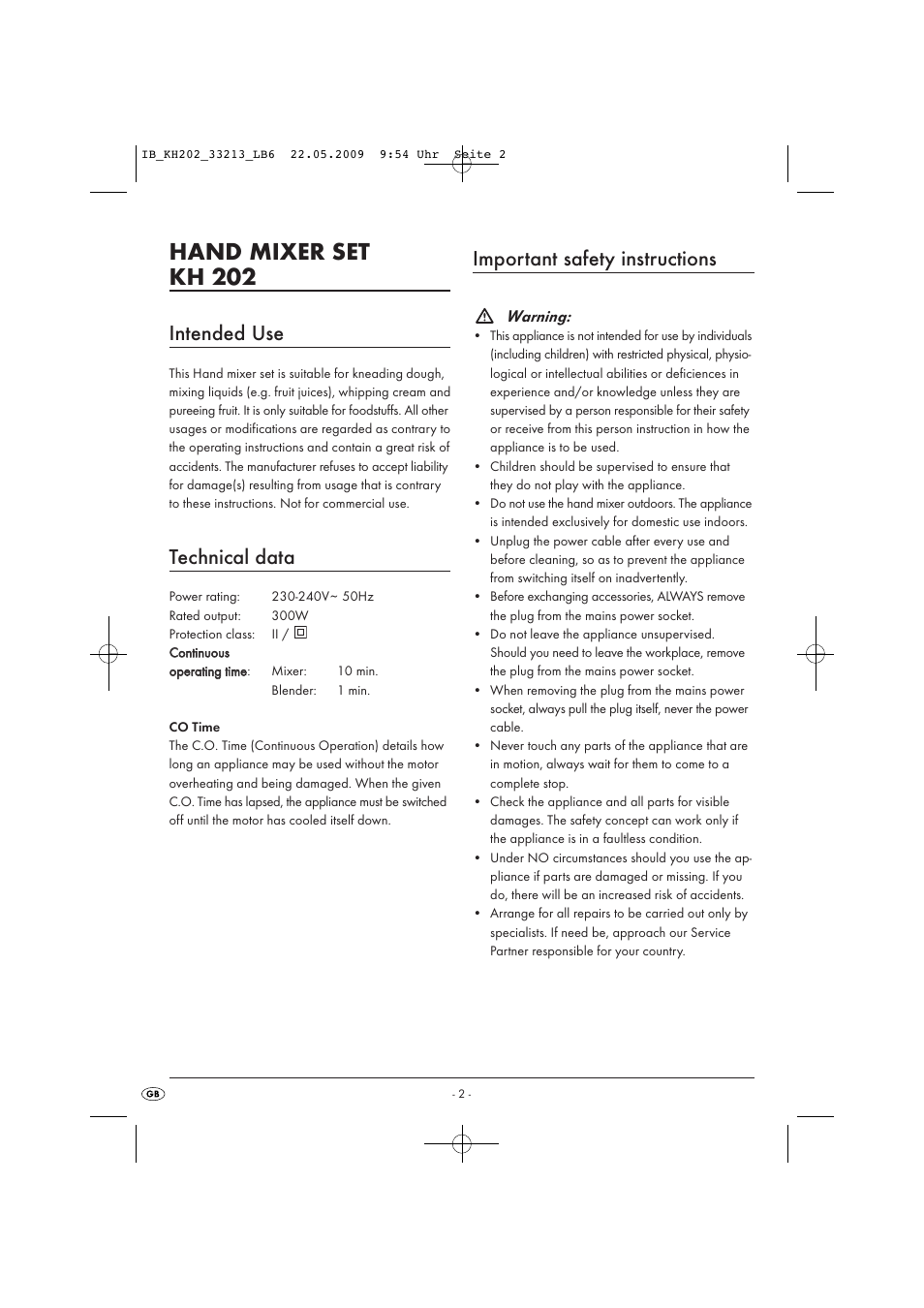 Hand mixer set kh 202, Intended use, Technical data | Important safety instructions | Kompernass KH 202 User Manual | Page 4 / 9
