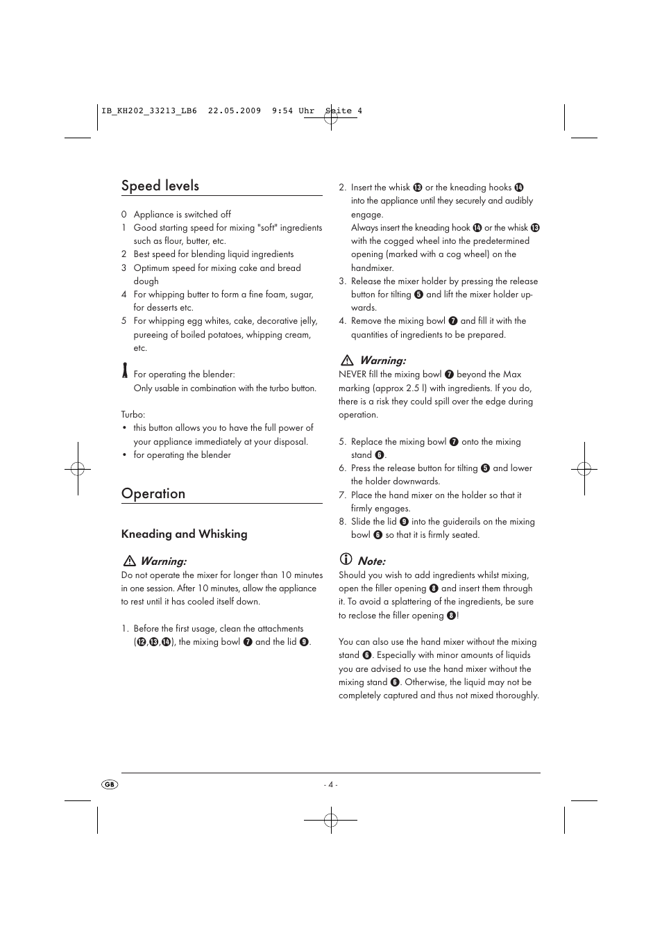 Speed levels, Operation | Kompernass KH 202 User Manual | Page 6 / 9