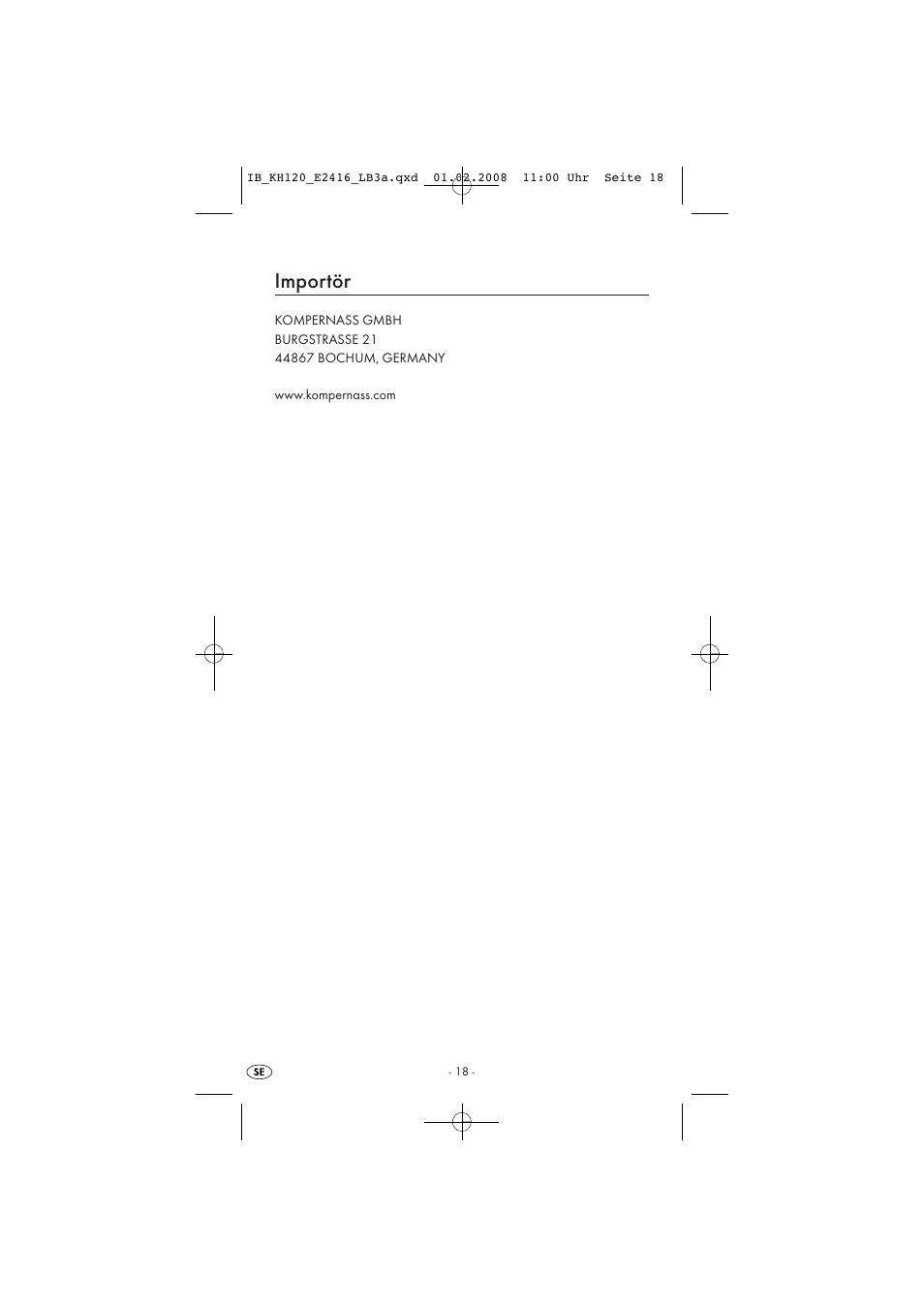 Importör | Kompernass KH 120 User Manual | Page 20 / 20