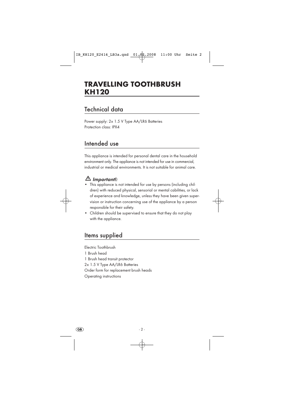 Travelling toothbrush kh120, Technical data, Intended use | Items supplied | Kompernass KH 120 User Manual | Page 4 / 20